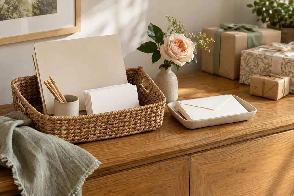 A woven basket holding a cream folder, blank cards and pencils on a sideboard beside envelopes and neutral wrapped gifts.
