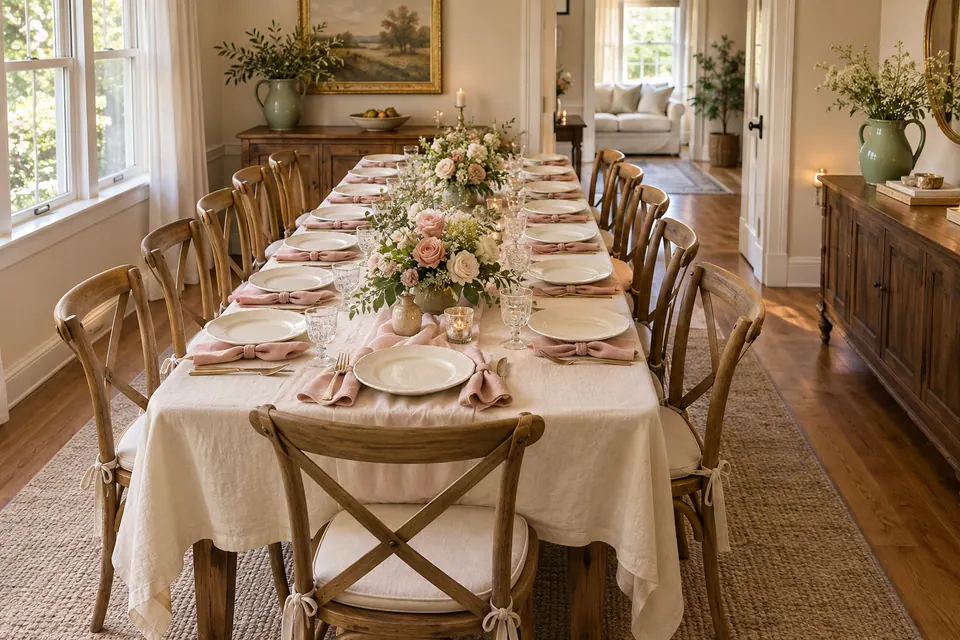 A cream and rose baby shower dining table with empty place settings, low flowers and pitchers on a separate sideboard.