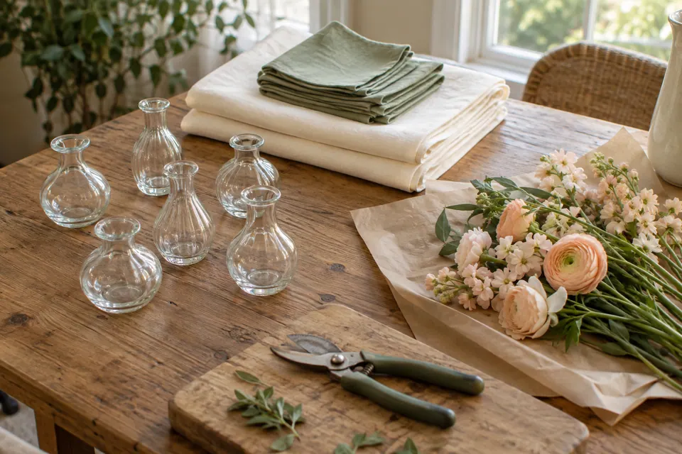 Six empty glass bud vases, peach flowers, folded ivory linens and green napkins on a wooden worktable