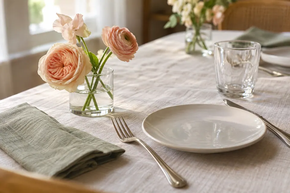 Three pale peach flower stems in a low glass vase beside an ivory plate and sage linen napkin