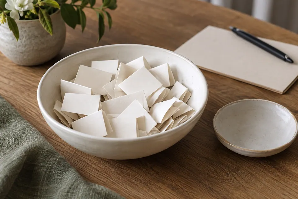 Folded ivory calling slips in a ceramic bowl beside an empty dish for drawn slips