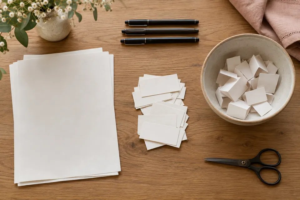 Blank sheets, cut paper slips, three pens, scissors and a bowl arranged on an oak desk