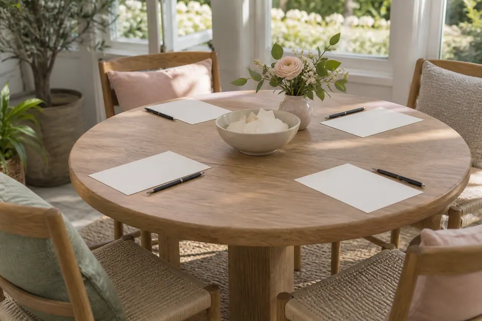 Four blank paper sheets and pens around a round wooden table with a bowl of folded calling slips