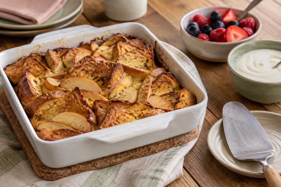 An apple and bread bake on a cork trivet beside separate bowls of yogurt and berries