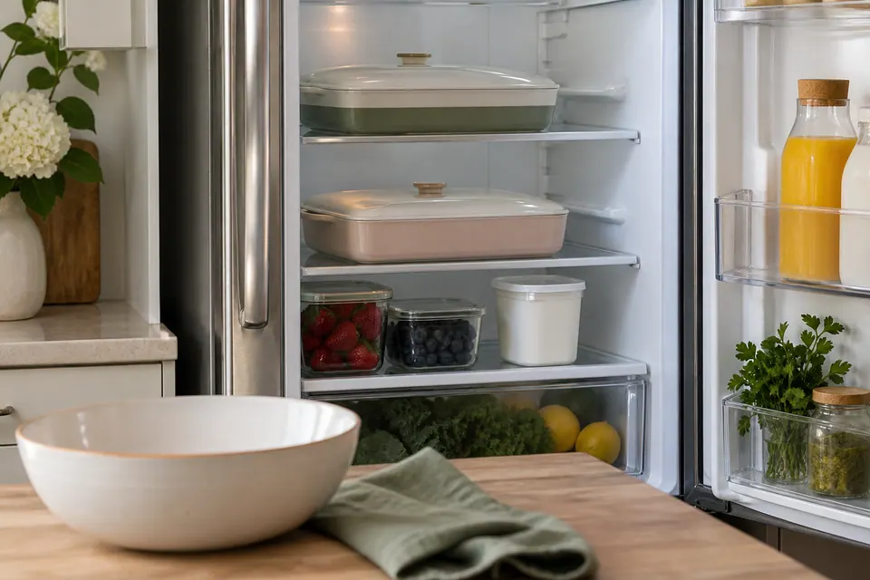 Two covered baking dishes on separate refrigerator shelves above containers of berries and yogurt