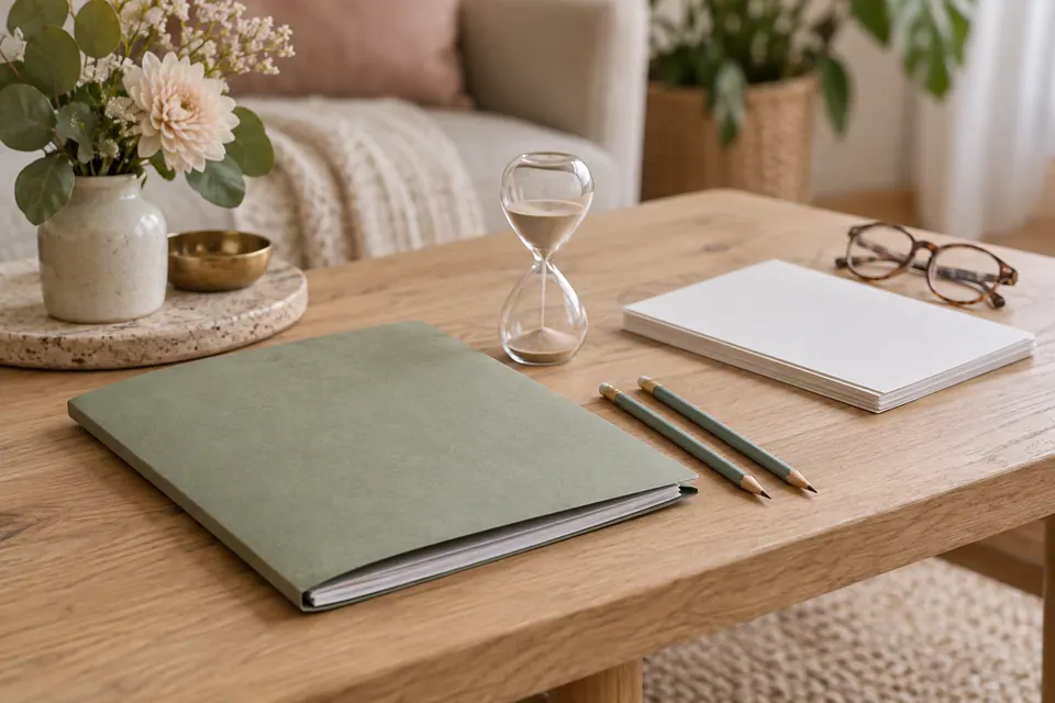 A closed sage folder, an hourglass and pencils separated from a stack of blank paper sheets