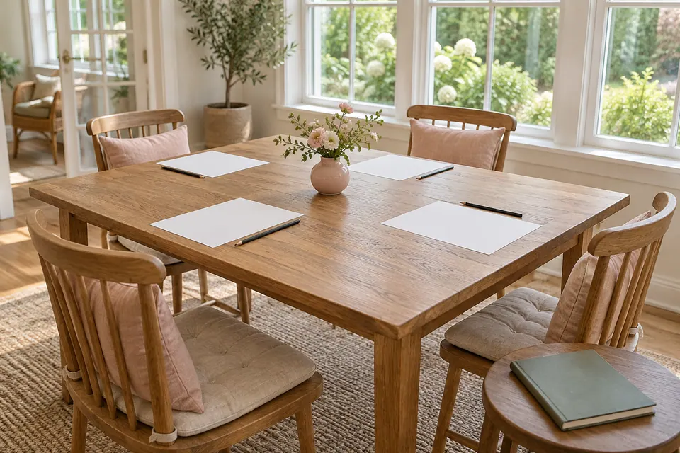 Four blank sheets and pencils around an oak table with blush flowers and four chairs