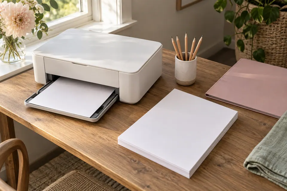 A home printer with blank paper, wooden pencils in a ceramic cup and a closed blush folder