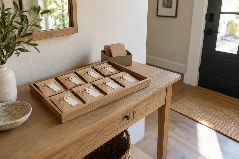 Eight kraft favor envelopes on an exit table, with two spare envelopes in a separate box