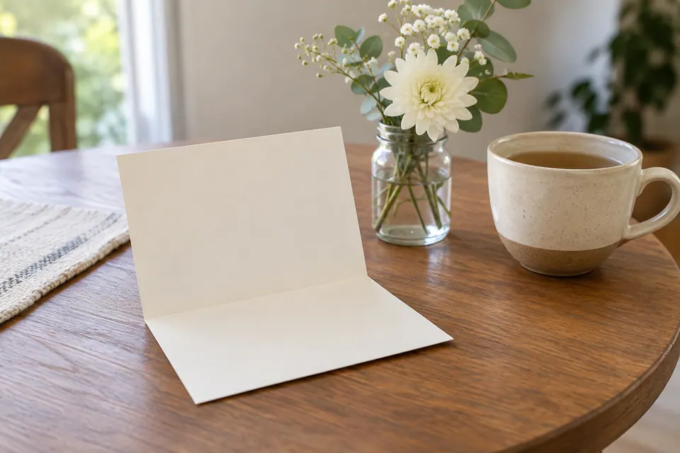 An open blank ivory card beside pale flowers and a ceramic cup, with no gift package