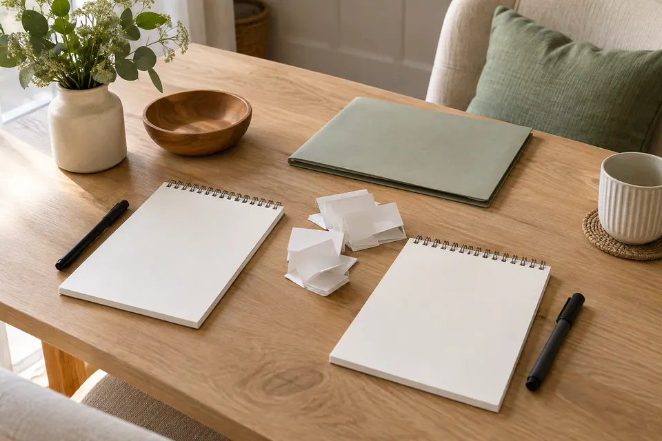 Two blank sketchpads, broad pens and folded prompt slips arranged with a closed green folder