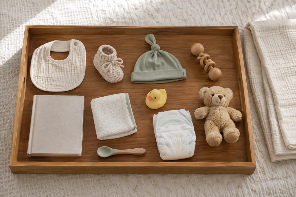 Ten baby items spaced on a wooden memory tray, including a bib, bootie, hat, rattle, book and teddy bear
