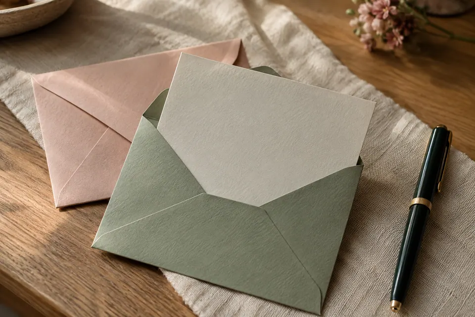 The blank back of an ivory card partly inside a sage envelope beside a blush envelope and dark pen