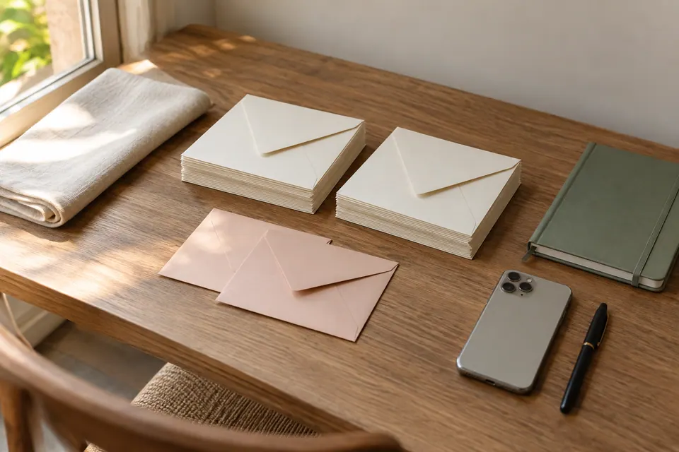 Two stacks of cream envelopes with a closed green notebook, a phone face down and a pen