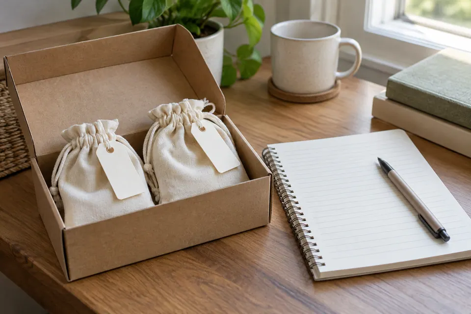 Two cloth pouches with blank tags inside an open kraft box beside a blank score notebook and pen on an oak desk.