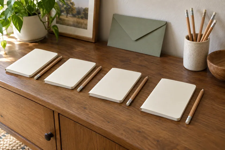 Four separate blank cream notebooks, each paired with a wooden pencil, on a home sideboard with a sage envelope behind them.