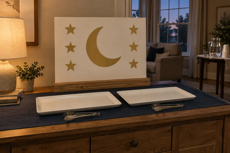 An ivory board with one gold crescent and six stars behind two empty dessert platters on navy linen