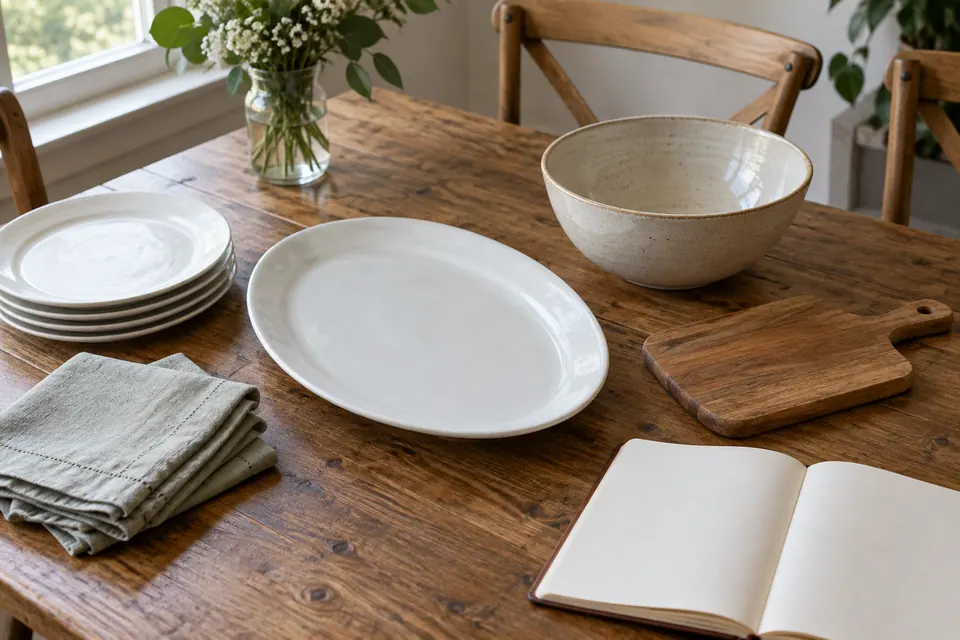 Reusable serving dishes and folded table linens arranged beside an open paper notebook on a wooden table