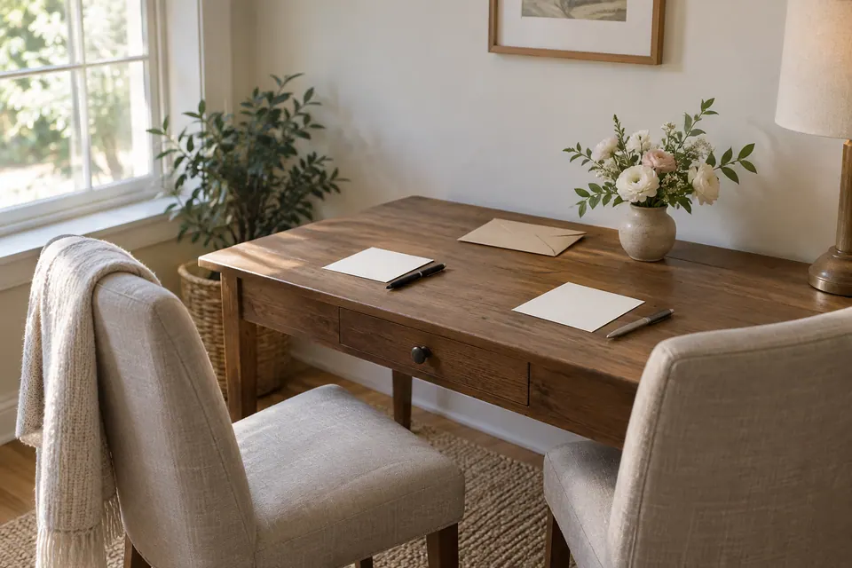 Two blank note cards and a pen on a small writing desk away from the refreshment table