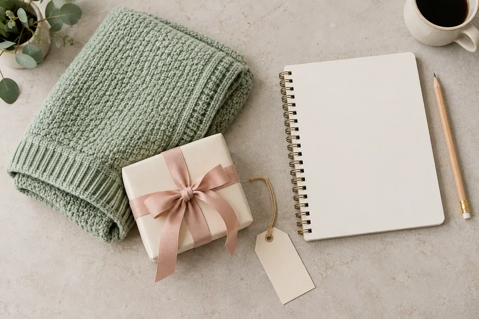 A notebook and blank gift labels beside a wrapped parcel and folded fabric on a home table.