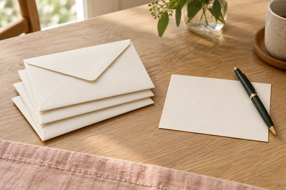Blank cream envelopes and a note card arranged beside a pen in a shallow wooden tray.