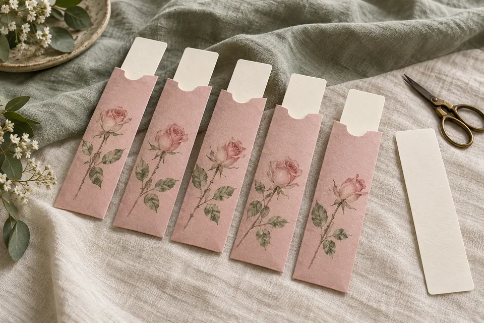 Five rose floral paper sleeves with ivory bookmarks protruding from notched tops, on cream linen beside a spare bookmark.