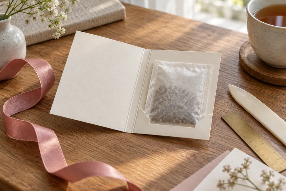 An open cream paper wallet holding a sealed tea sachet, with rose ribbon, a folding tool and ruler nearby on oak.