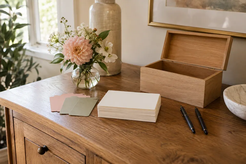 Blank recipe cards, pens and dividers beside an open wooden recipe box on a home sideboard