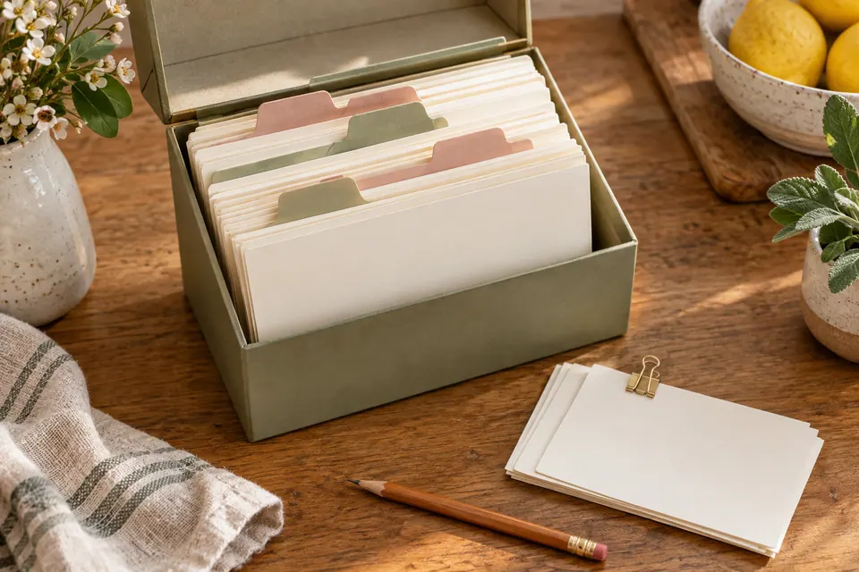 An open recipe box with blank ivory cards and rose and sage dividers, with a clipped stack of blank continuation cards beside it.