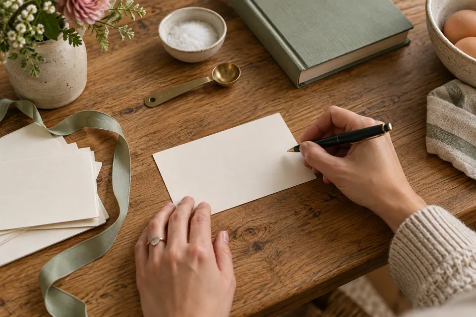 Hands holding a pen beside blank ivory cards, a closed plain cookbook, a measuring spoon and sage ribbon on an oak table.