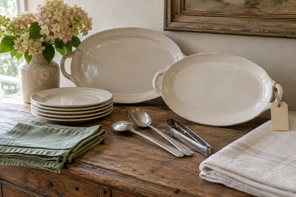 Plain serving platters, plates, utensils and folded linens grouped on a wooden sideboard