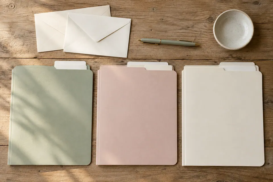 Three unlabeled folders with blank divider tabs beside envelopes, a pen and an empty dish