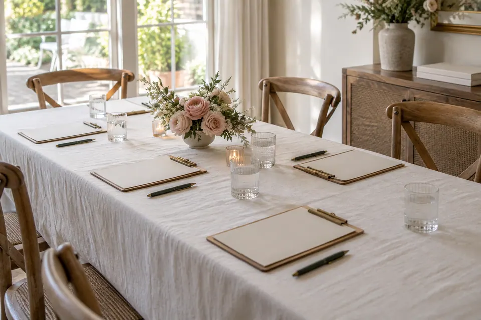 Blank-backed sheets on clipboards with pens and water glasses around a small activity table