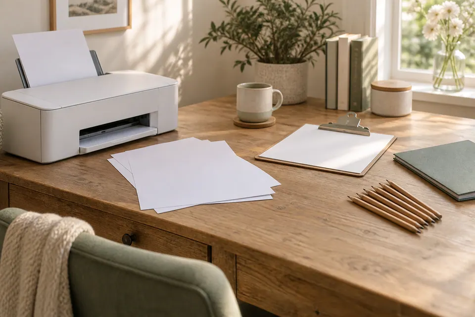 Face-down sheets, pencils and a clipboard beside a home printer