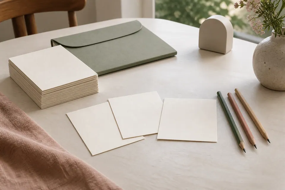 A closed sage folder separated from blank-backed player sheets, pencils and a timer