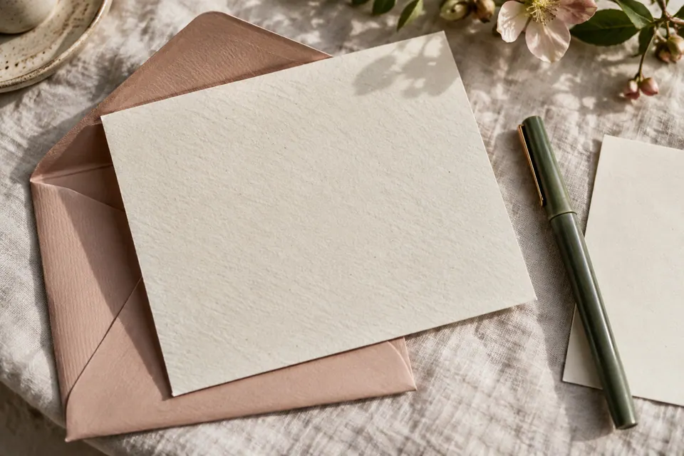 The blank reverse of an ivory card on a blush envelope beside a sage pen