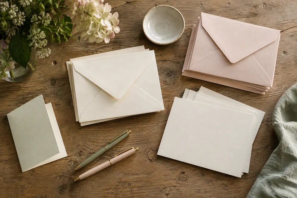 Unaddressed envelopes and blank cards sorted beside pens and a small paper-clip dish