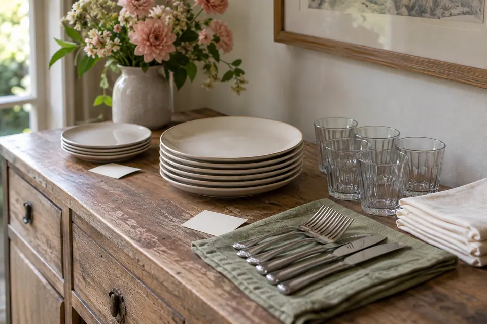 Cream plates, cutlery, folded napkins and clear glasses grouped on a sideboard before a bridal shower