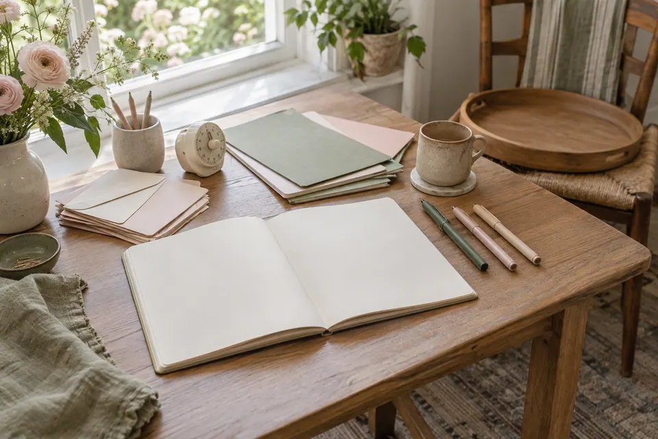 An open blank notebook, pens, folders and envelopes arranged on a sunny planning desk