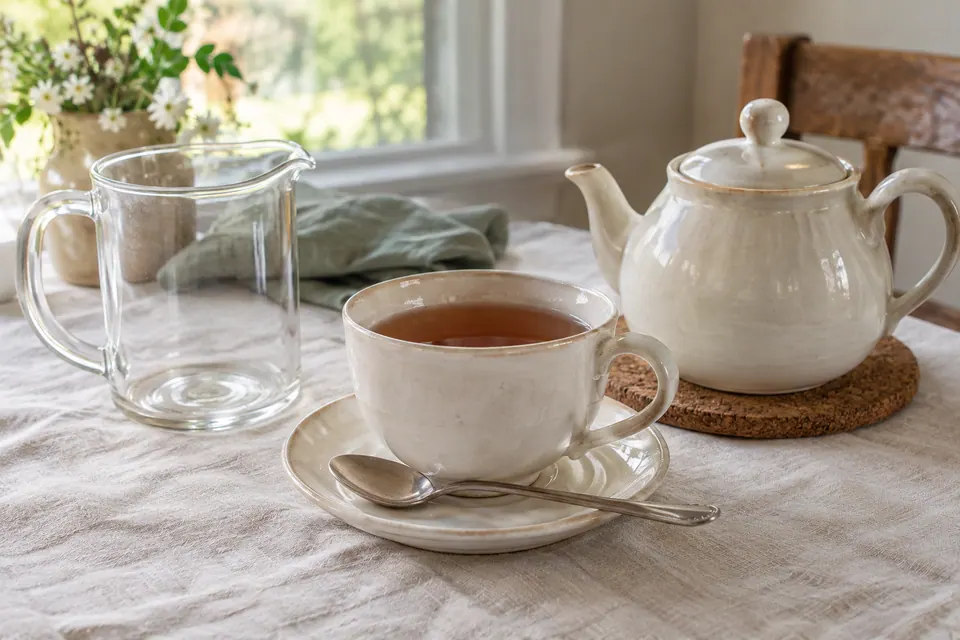 A partly filled teacup, cream teapot and clear glass jug on an ivory-covered table