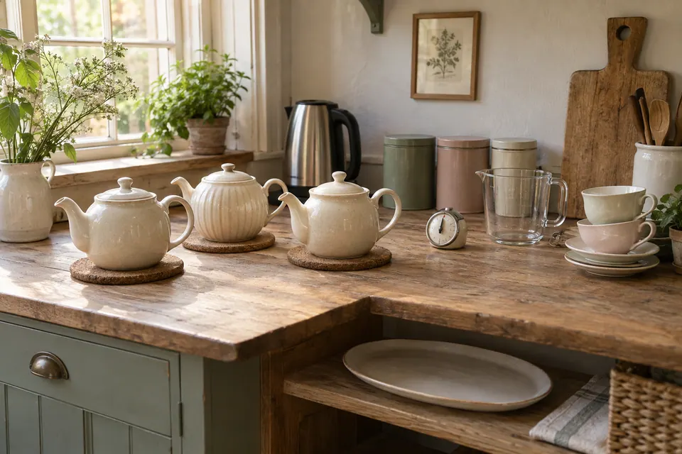 Three teapots on separate rests beside a kettle, cups and tea supplies on a kitchen counter