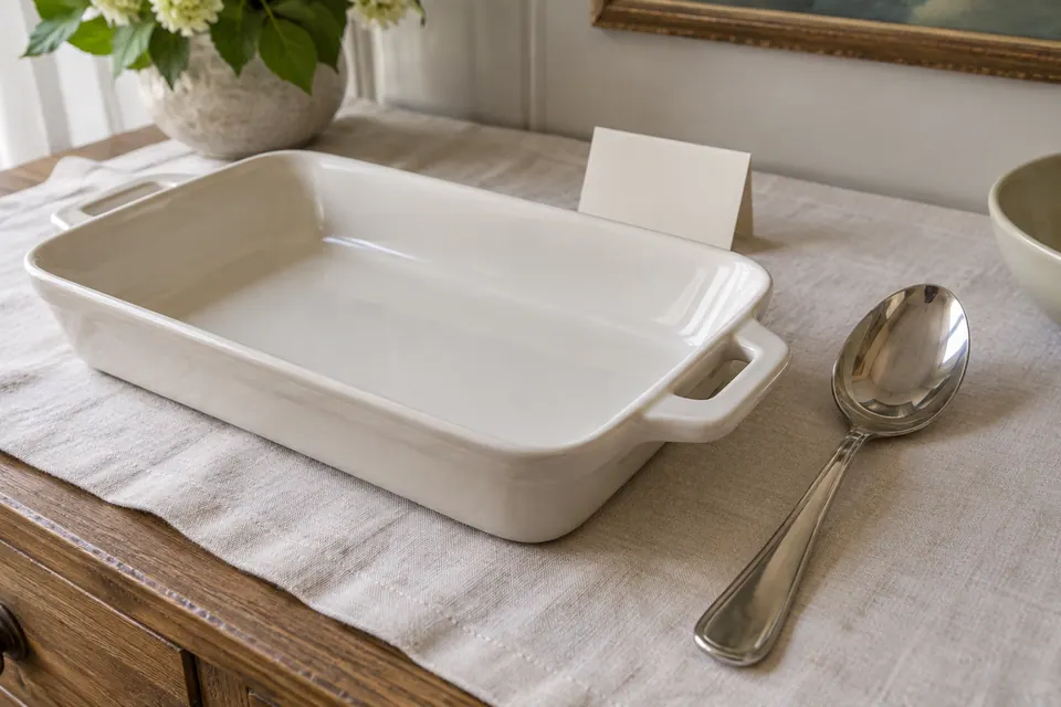 An empty rectangular serving dish with its handle, a separate spoon and a blank card behind it