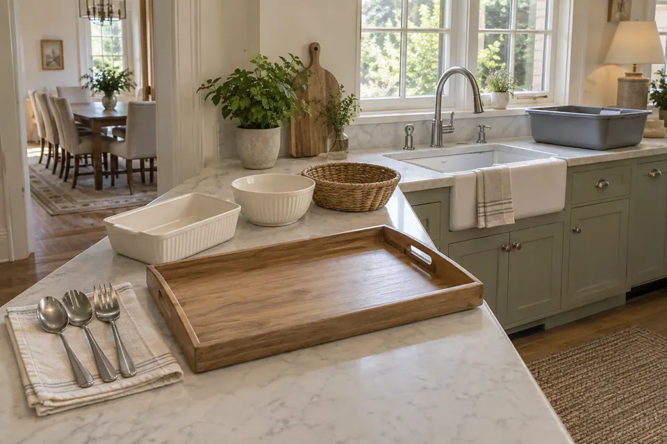 Clean replacement dishes and an empty carrying tray on one side of a sink, with a separate empty return tub beyond