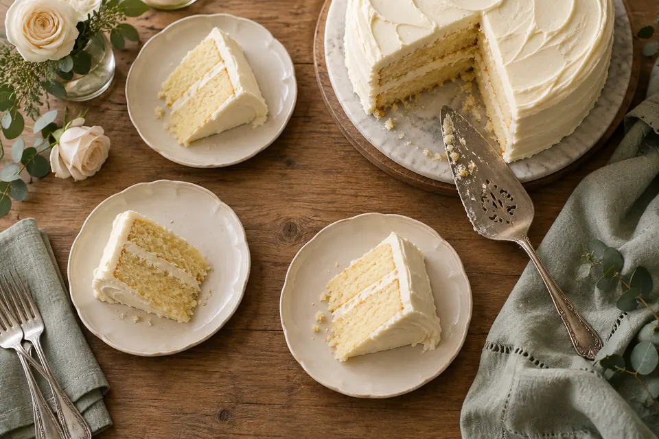 Three plates holding vanilla layer-cake wedges beside the remaining round cake and a silver server on an oak table.