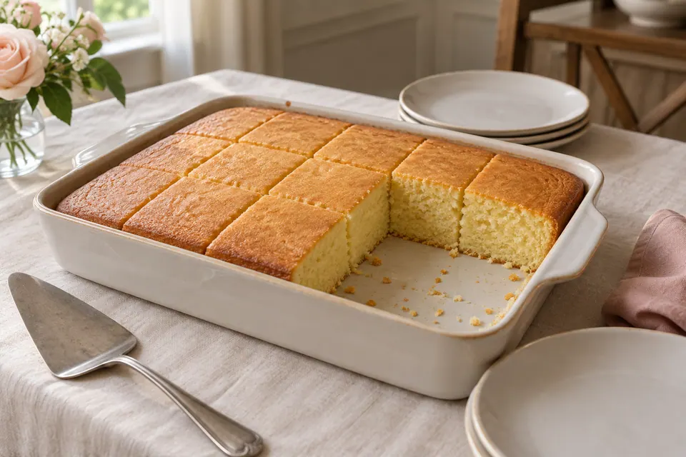 A vanilla sheet cake with rectangular cuts and several portions removed, beside cream plates and a cake server.