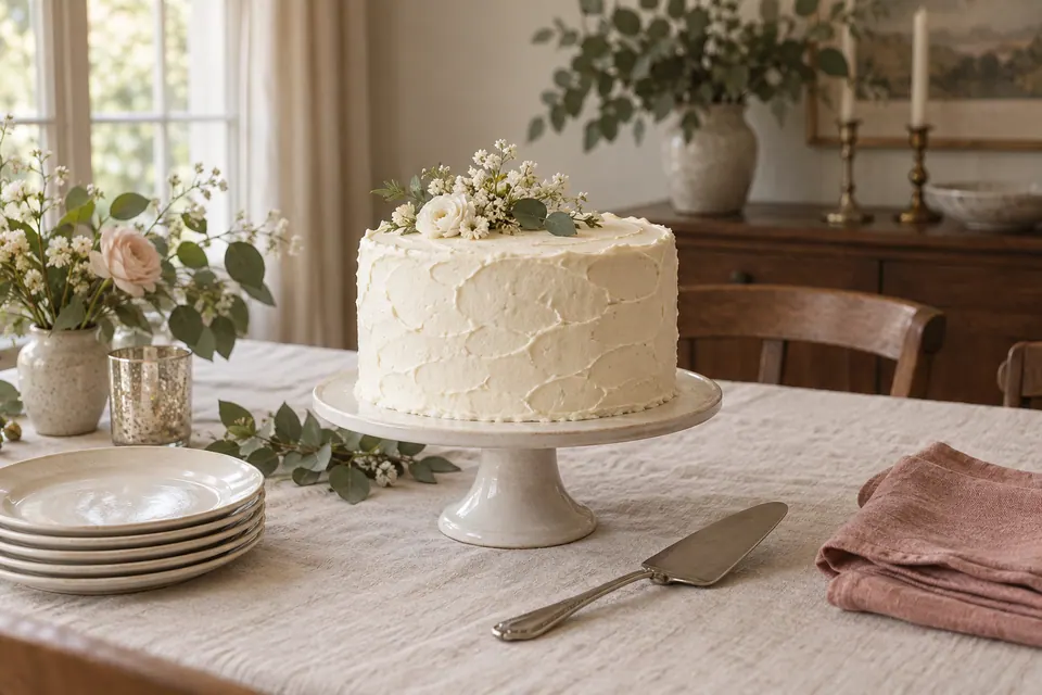 A whole ivory layer cake on a ceramic stand with dessert plates, a cake server and rose linen on a dining table.