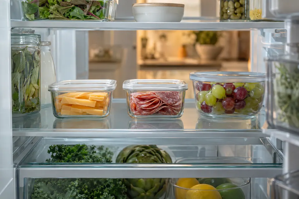 Separate covered containers of sliced cheese, salami and washed grapes on a household refrigerator shelf.