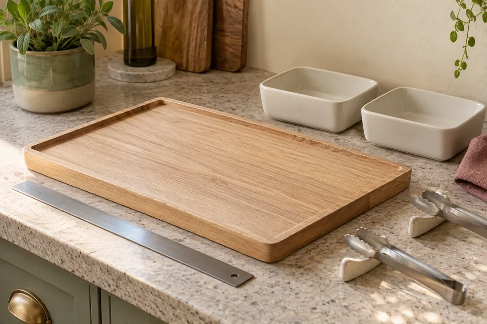 An empty rimmed oak board, ruler, empty ivory dishes and small serving tongs on a kitchen counter.