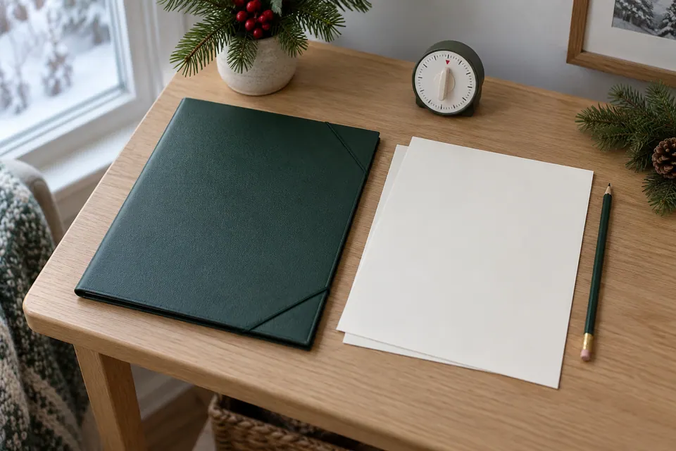 Closed forest-green document folder beside two blank ivory pages, a pencil and an analog timer on a small oak table