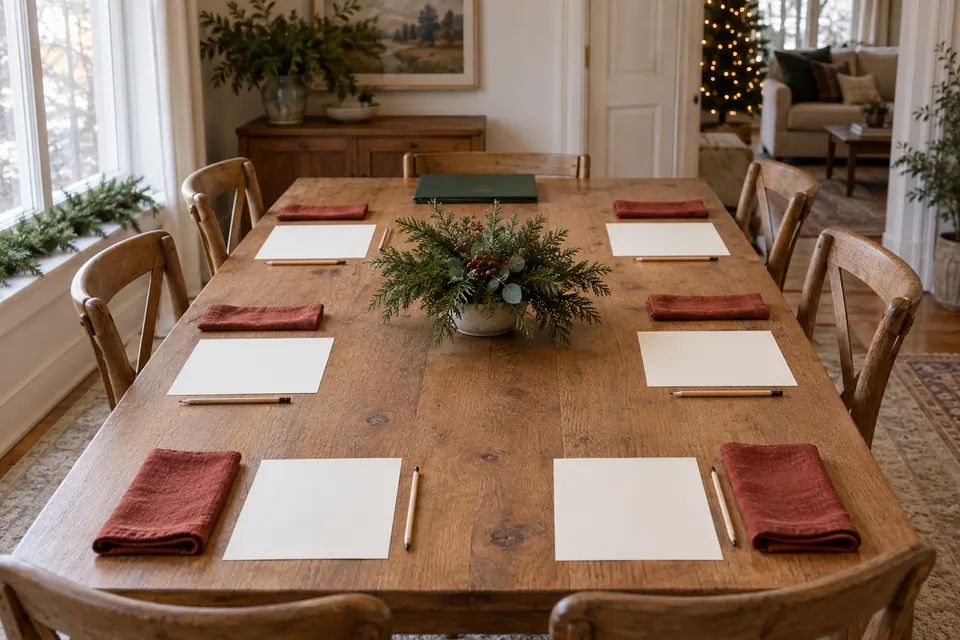 Six blank ivory sheets and wooden pencils at an oak Christmas table, with rust napkins, evergreen greenery and a closed green folder